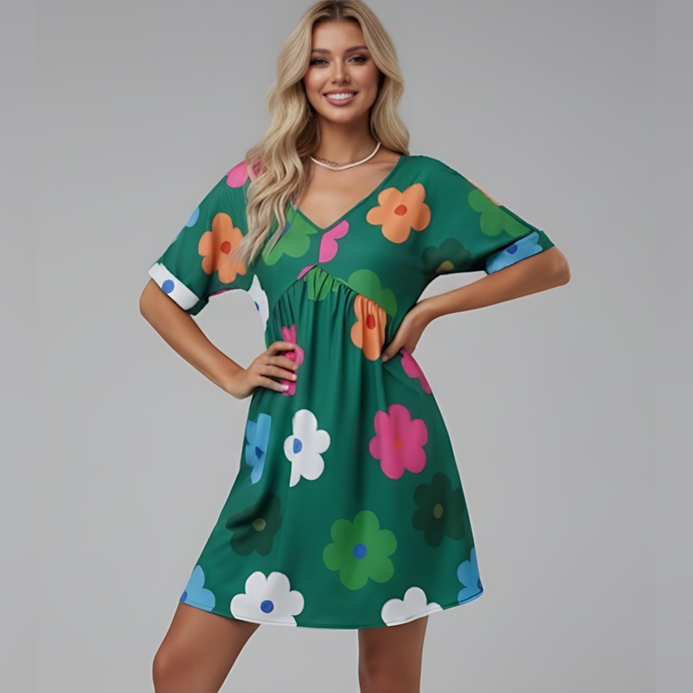 Big Floral Print V-Neck Smock Dress Green